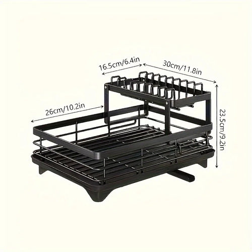 2-Layer Elevated Drain Rack with Water Tray – Rust-Proof Dish Organizer for 4-6 People, Home & Commercial Kitchens