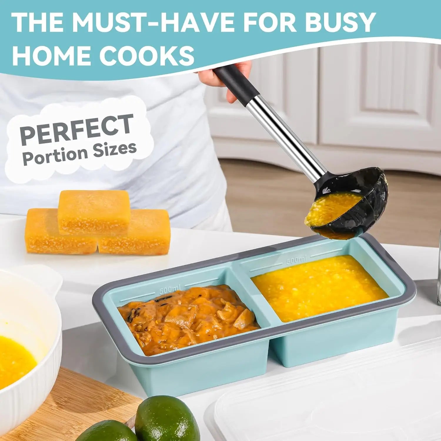 2Pcs Silicone Freezer Tray Container with Lid  Large Capacity Ice Cube Mold Soup Frozen Preservation Box Baking Mold