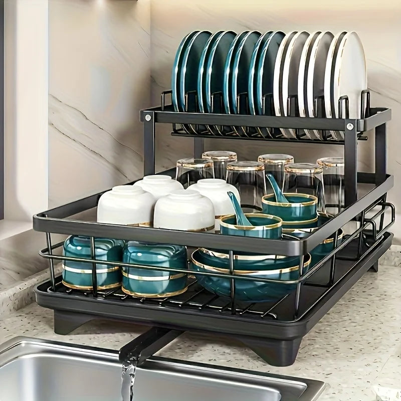 2-Layer Elevated Drain Rack with Water Tray – Rust-Proof Dish Organizer for 4-6 People, Home & Commercial Kitchens